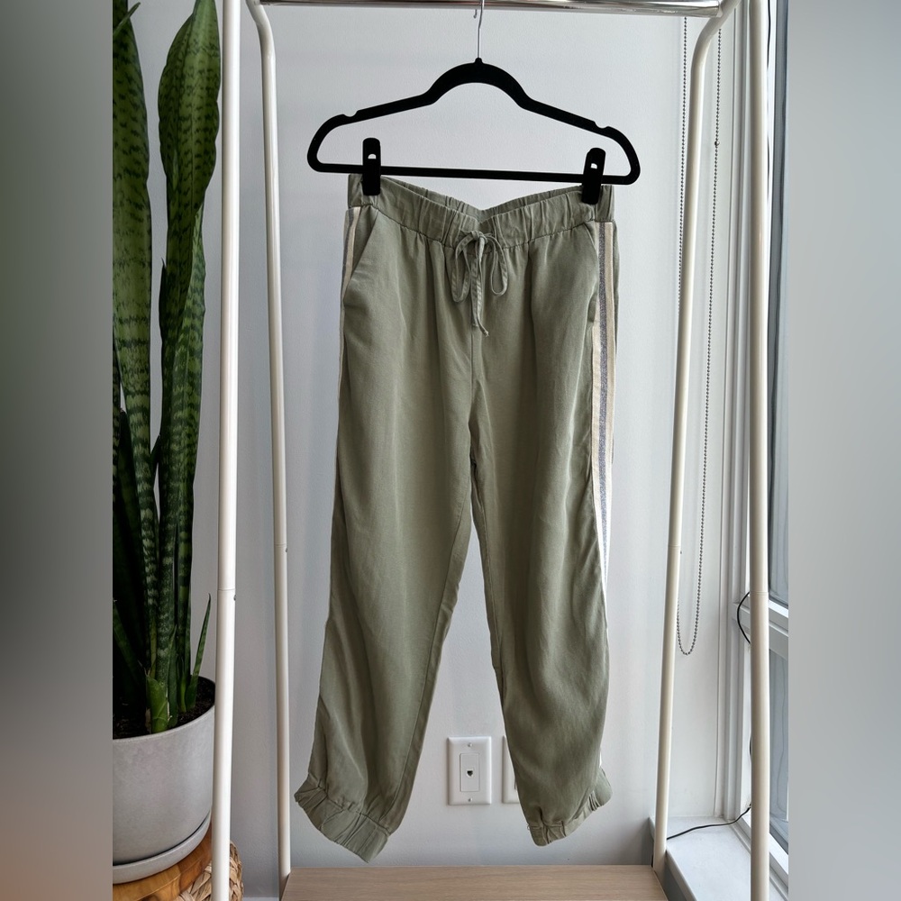 NWT - ZARA | Tencel Light Olive Joggers with Silver and Cream Striping S